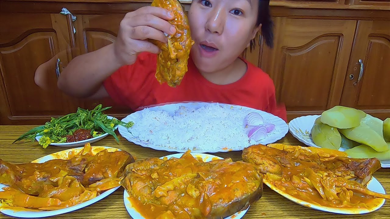 Fish And Sour Bamboo Shoot Curry Raw Mustard Shoot, Rice And Boiled