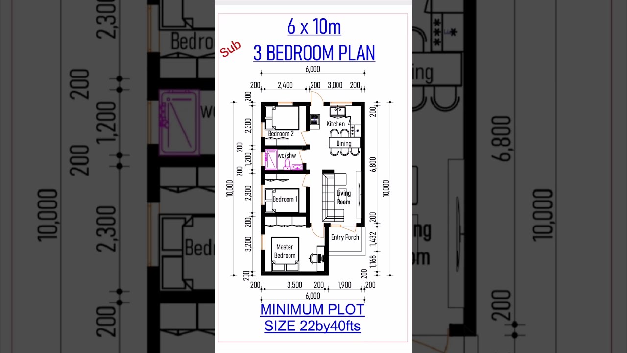 6x10m 3 BEDROOM HOUSE DESIGN PLAN