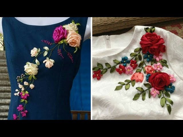 Satin Ribbon Rose Embroidery neck design|passion in fashion | Ribbon  embroidery tutorial, Silk ribbon embroidery patterns, Satin ribbon roses