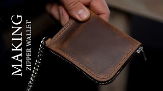 Making L type zipper wallet with chain and carabiner. Leather craft tutorial