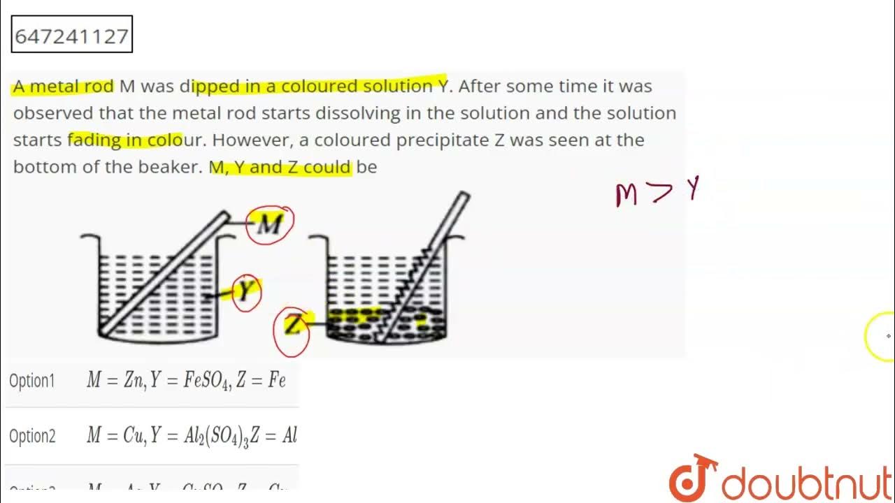 A Metal Rod M Was Dipped In A Coloured Solution Y After Some Time It a-metal-rod-m-was-dipped-in-a-coloured-solution-y-after-some-time-it