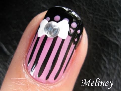 Lace Nails - Pink & Black Lace Corset Bow Nail Art Design French Tip 美甲彩绘教程 uñas arte