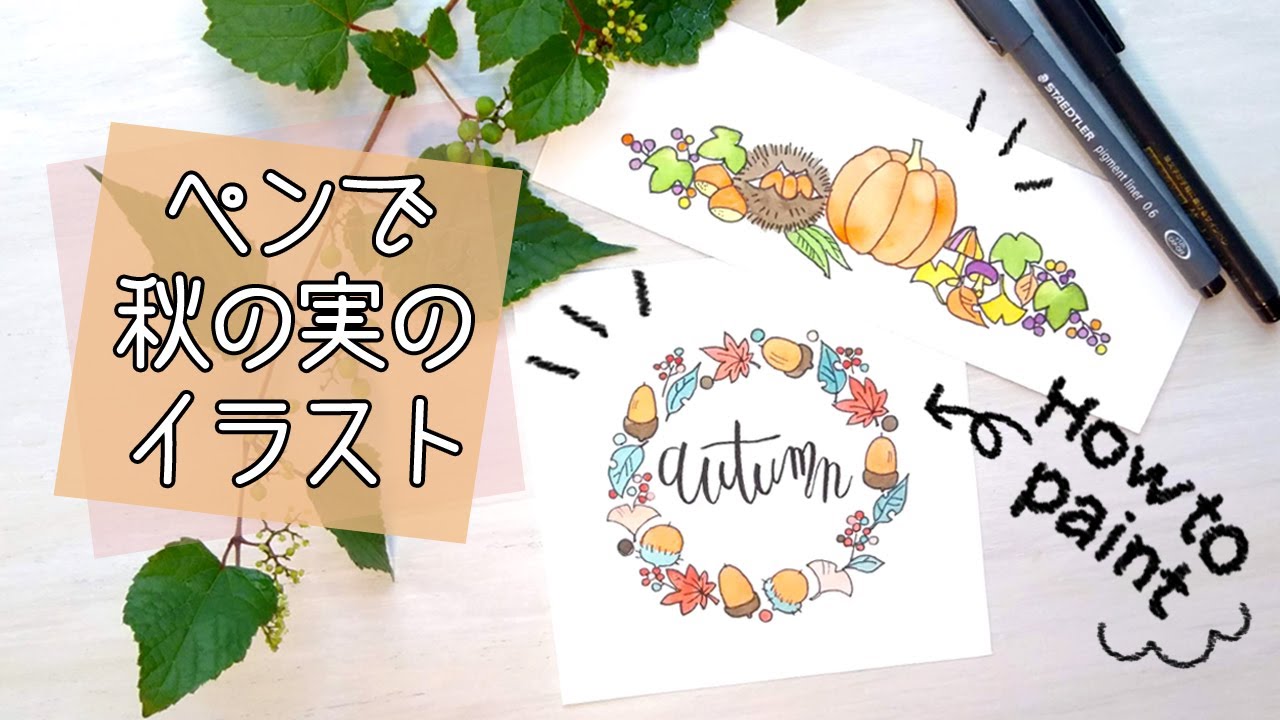 黒ペンでイラストの描き方 秋の実編 初心者向き秋のモチーフ９パターン解説 更に応用したイラストを水彩で彩色 How To Draw Autumn Motif With A Pen Youtube