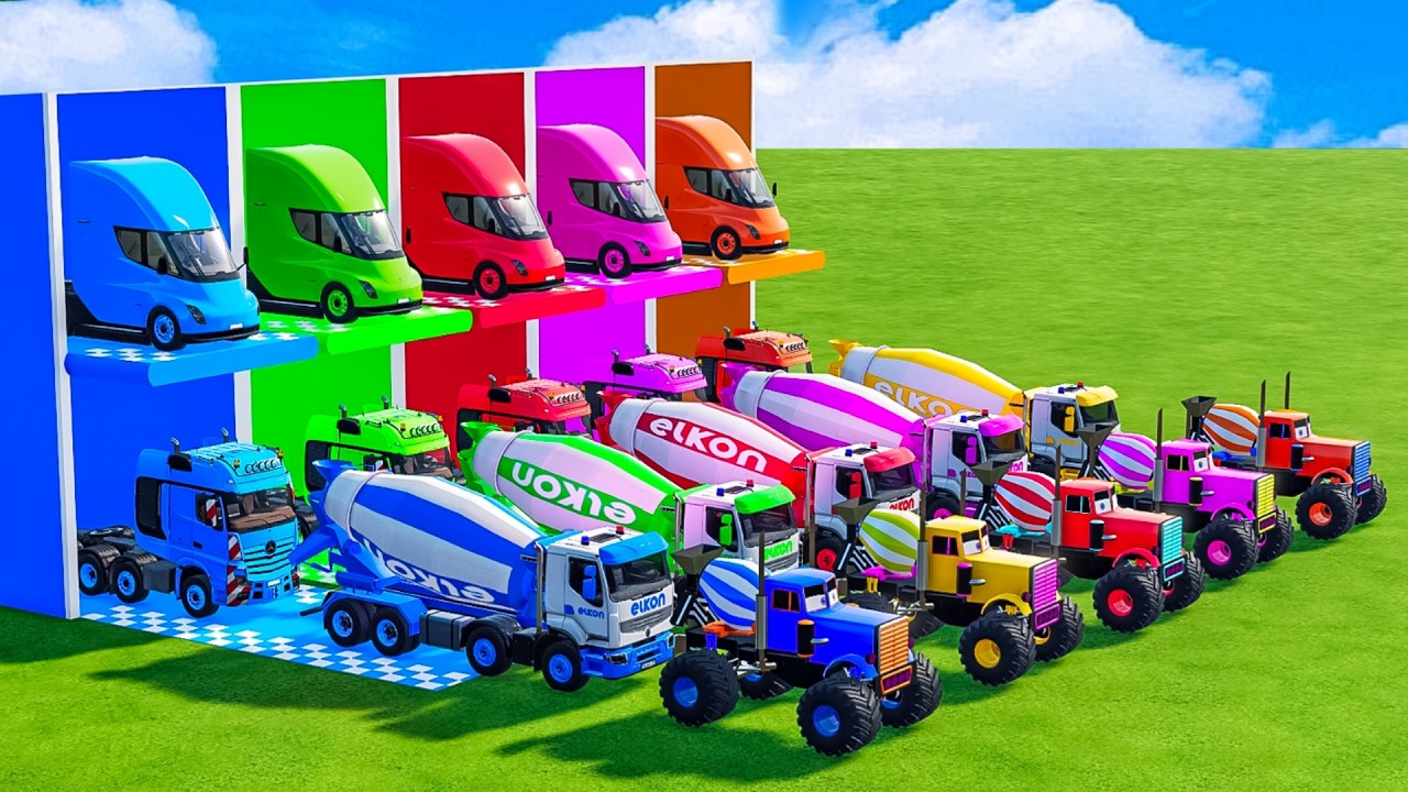 Красочный гараж FS22 - Бетоносмеситель с бортовым прицепом, Монстр-бетоносмеситель, Tesla, Merced...