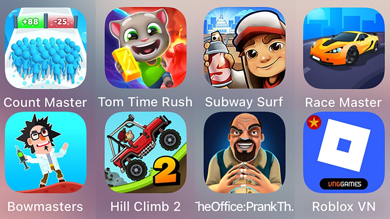 Roblox,Tom Time Rush,Race Master 3D,Subway Surf,Count Master,Bowmasters,Hill Climb Racing 2