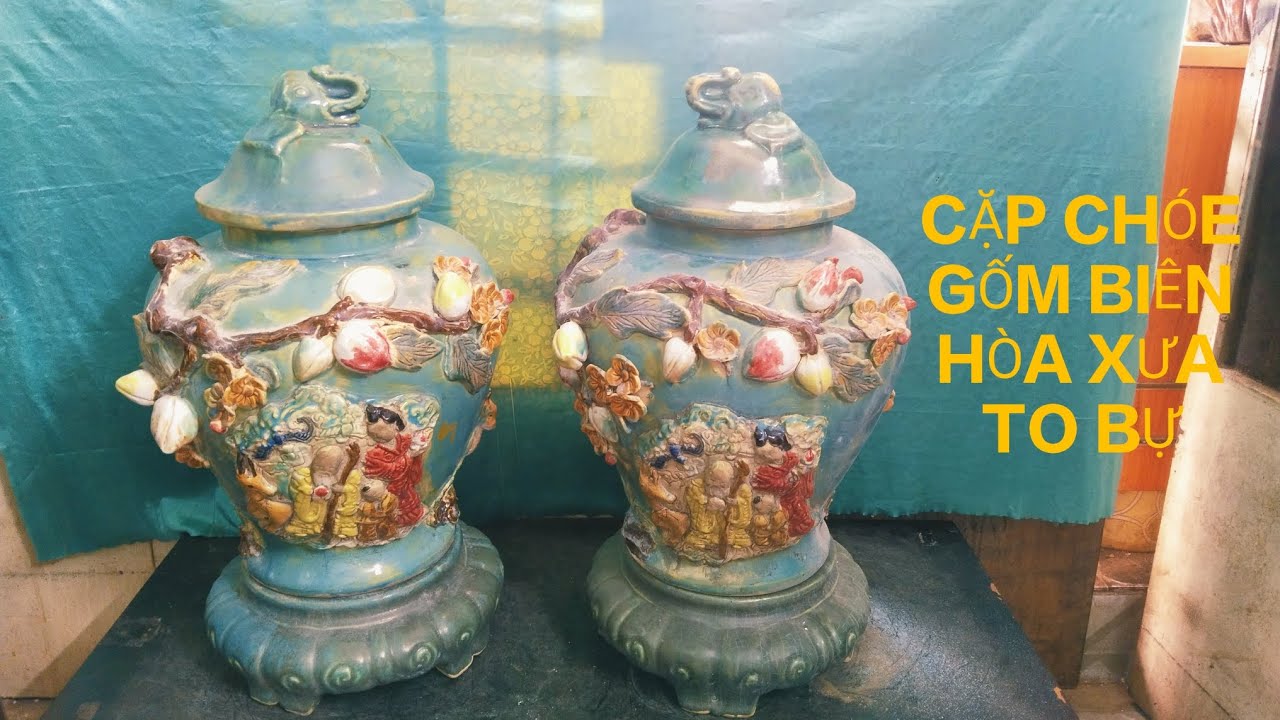 PAIR OF VINTAGE BIEN HOA CERAMIC JARS, MASSIVE AND HEAVY, EVENING