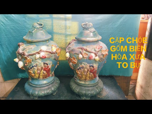 PAIR OF VINTAGE BIEN HOA CERAMIC JARS, MASSIVE AND HEAVY, EVENING