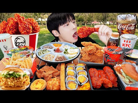 ASMR MUKBANG | ateş eriştesi, Cheetos, kızarmış tavuk, hamburger, Cheese stick, Bakkal, KFC