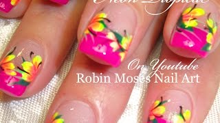 Neon Pink Tropical Nails Hot Neon Yellow Flowers Nail Art Design