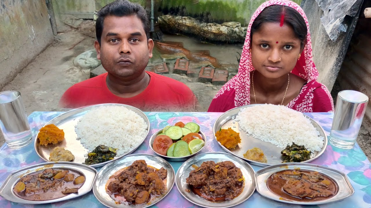 Asmr Eating🔥 Lal Lal Chicken🐓  Katla Fish Curry 🔥 Salad, Begun Pora 🔥 Pumpkin Bharta 🔥 Sak Ghonto 