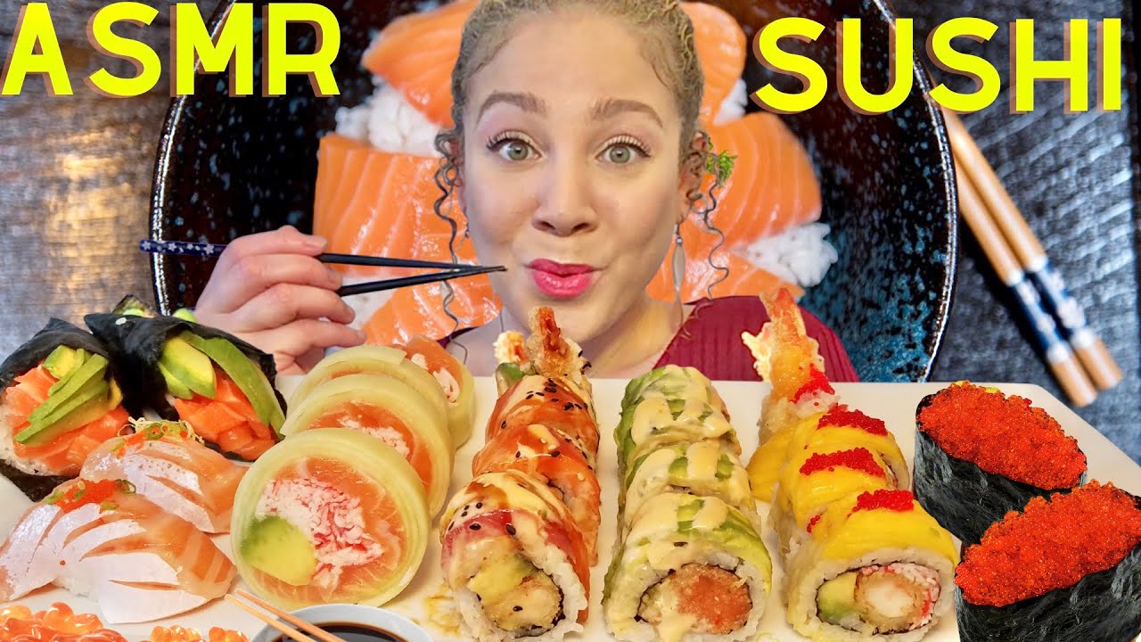 ASMR SUSHI SALMON MUKBANG| SALMON BELLY, SUSHI CONE, TOBIKO EGGS,RAW TUNA| Sushi Roll Eating Show|