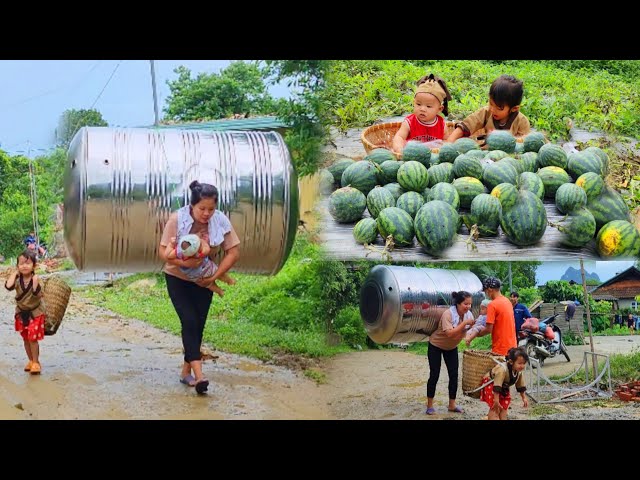 Single mother - harvesting melons, holding children, carrying a giant jar class=