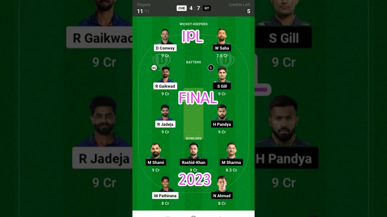 CHE vs GT Dream 11 prediction/GT vs CHE Dream 11 Team/IPL FINAL 2023/CSK vs GT Dream 11 Team