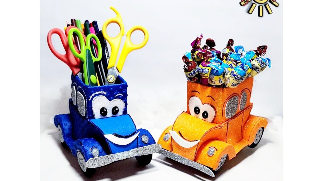 organizador o dulcero con materiales reciclados y foami