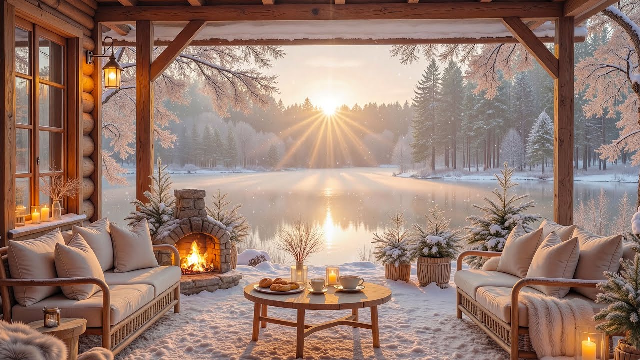 Уютная зимняя хижина на рассвете ❄️💨 Потрескивающий камин и снегопад для отдыха, учебы и работы