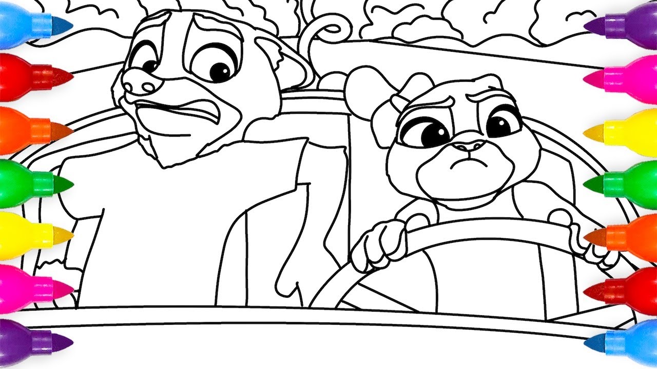 Раскраска "Зверополис 2: Ник и Джуди за рулём машины"