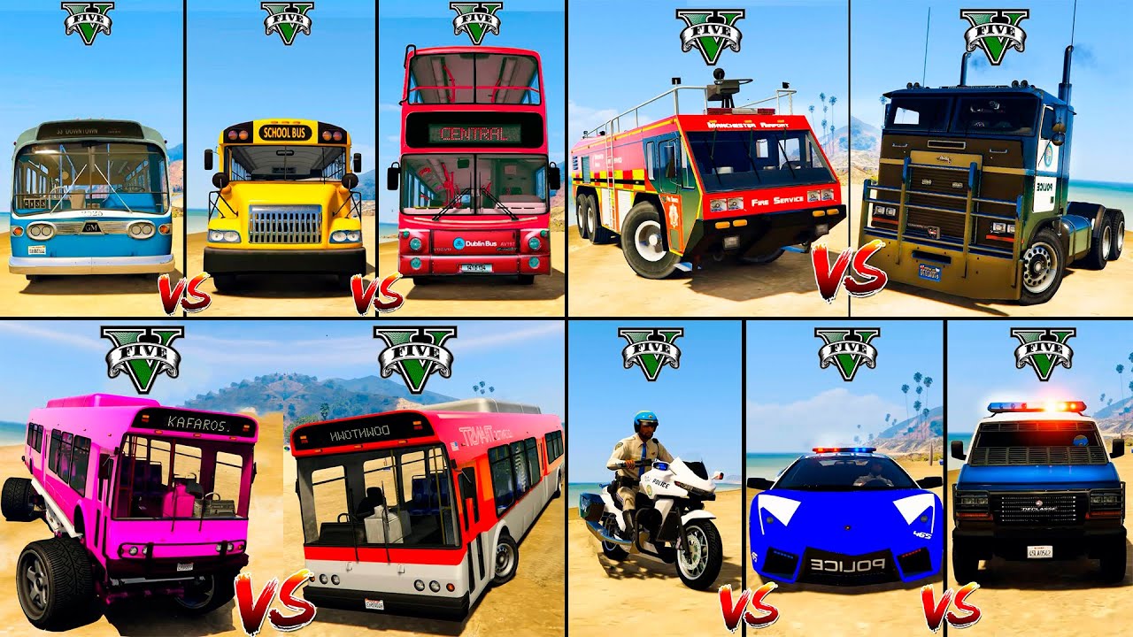Monster Bus vs Police Truck vs Double Bus vs Fire Truck - GTA 5 Trucks Which is better?