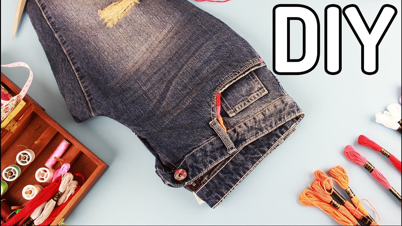 DIY - jeansy obszyte muliną - YouTube