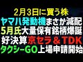 【あすの株相場2月2日(月) ヤマハ発動機まさかの減配 / 片山晃(5月)氏の大量保有株爆誕 / 京セラ・TDK増益、ヤマト減益 / タクシーGO上場するってよ / ゲーム株、グーグルのせいで暴落