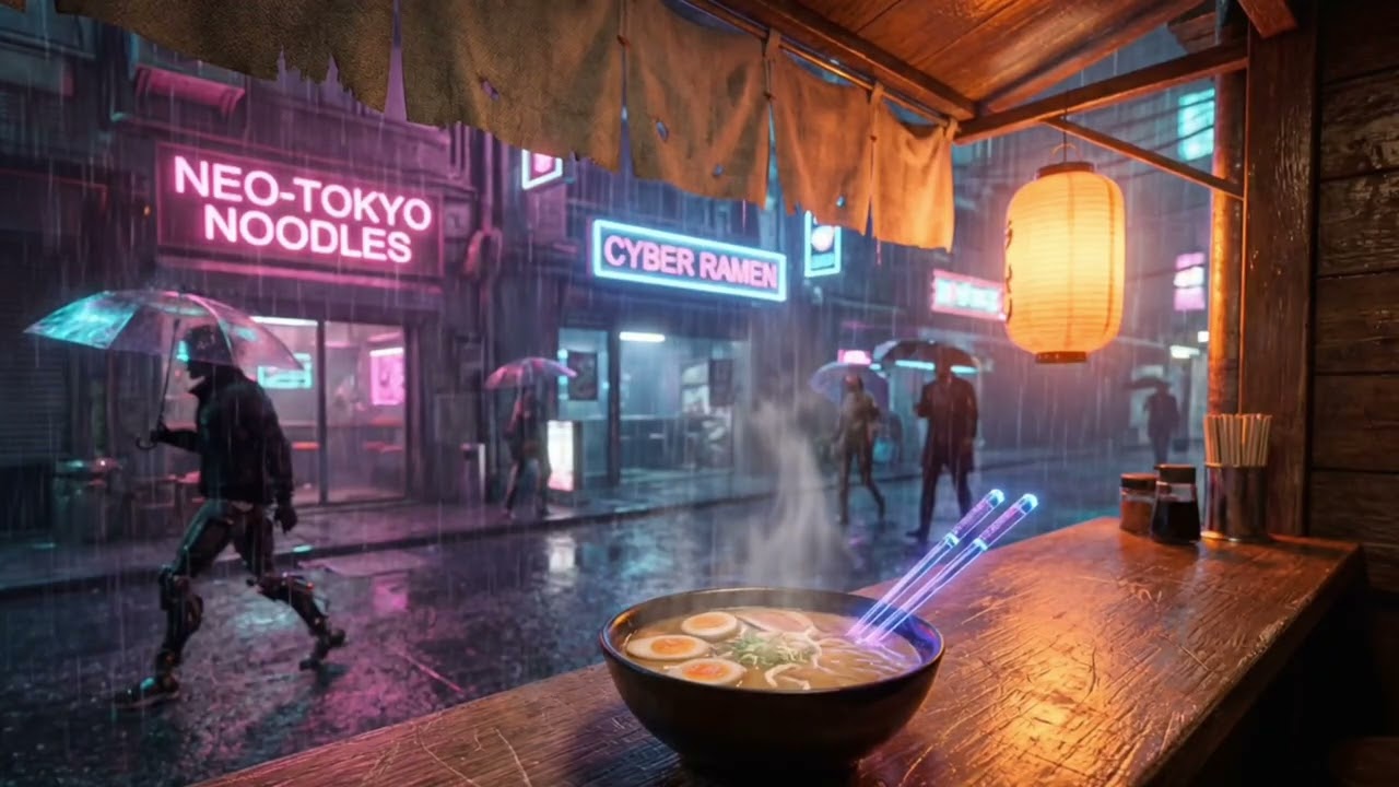 Futuristic Noodle Bar LoFi - Cyberpunk Chill with Rain Beats [Late Night Focus Mix]
