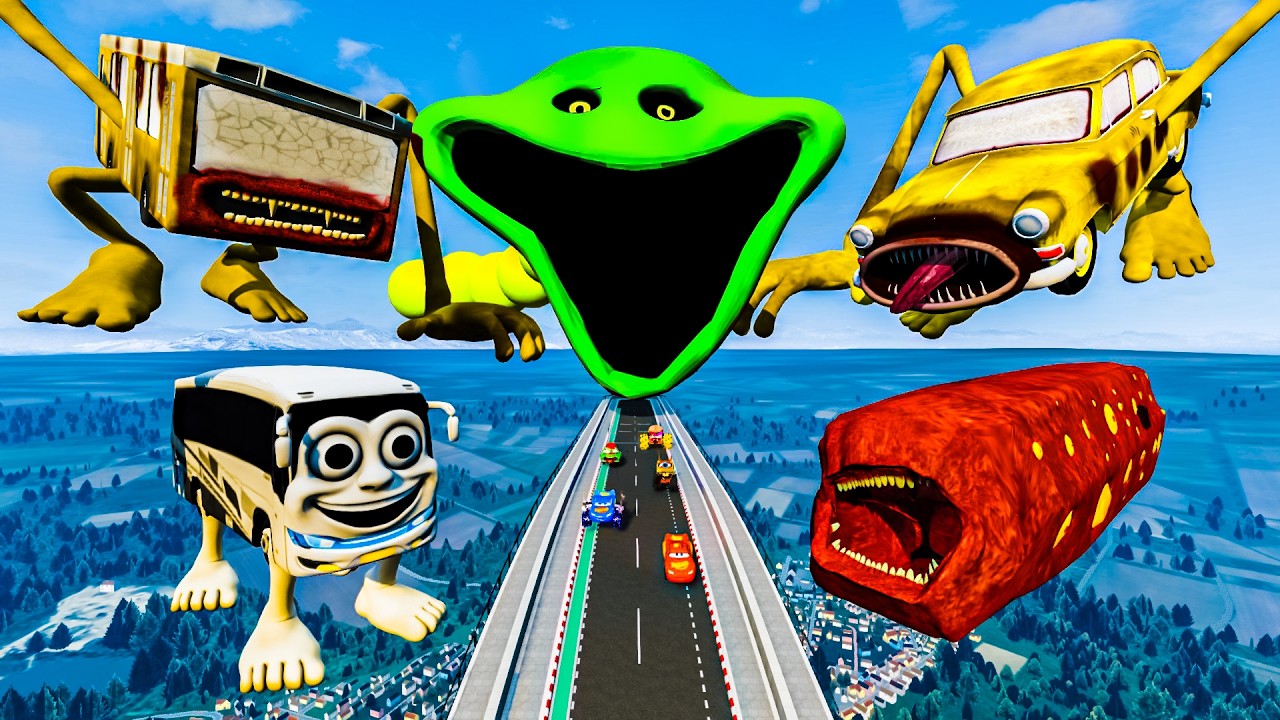 ALL Green Rainbow Friends & Human Bus vs Broken Bridge with Car Eater BeamNG.Drive