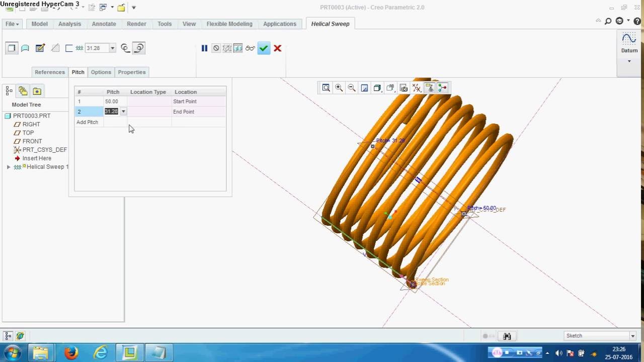 Spring Helical Sweep in Creo Pro E - YouTube