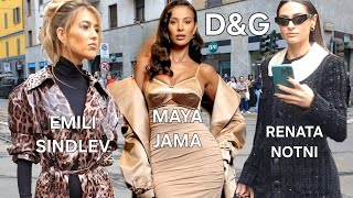 Maya Jama, Renata Notni, Emili Sindlev. Dolce&Gabbana Street Style, Fashion Show in Milan 2024.