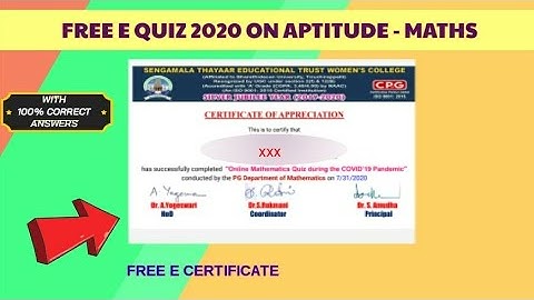 Free E Quiz 2020 with answers and Free E certificate on Mathematics aptitude - Free online quiz 2020