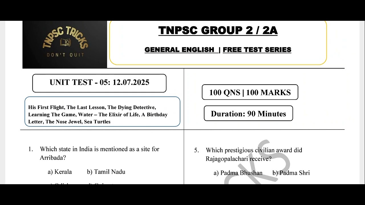 Unit Test - 05 PDF| General English Free Test Series | TNPSC Group 2 ...