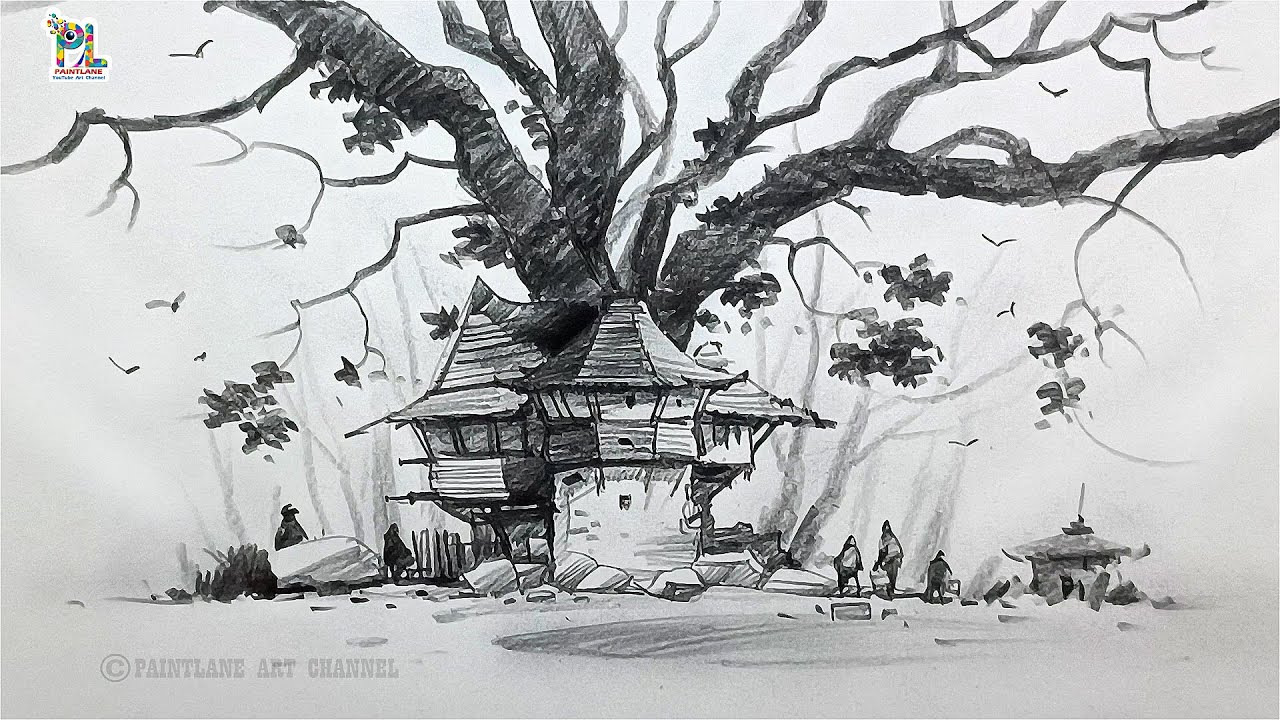 How to draw Wooden Houses near Big Tree in Nature Pencil Art | Pencil ...