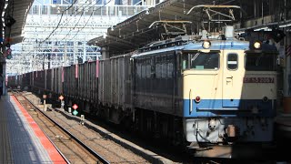 【約590分遅れで東海道旅客迂回】EF65 2067号機+コキ20Bが警笛を鳴らして横浜駅6番を通過!う5087レ新A22.2024.11.3