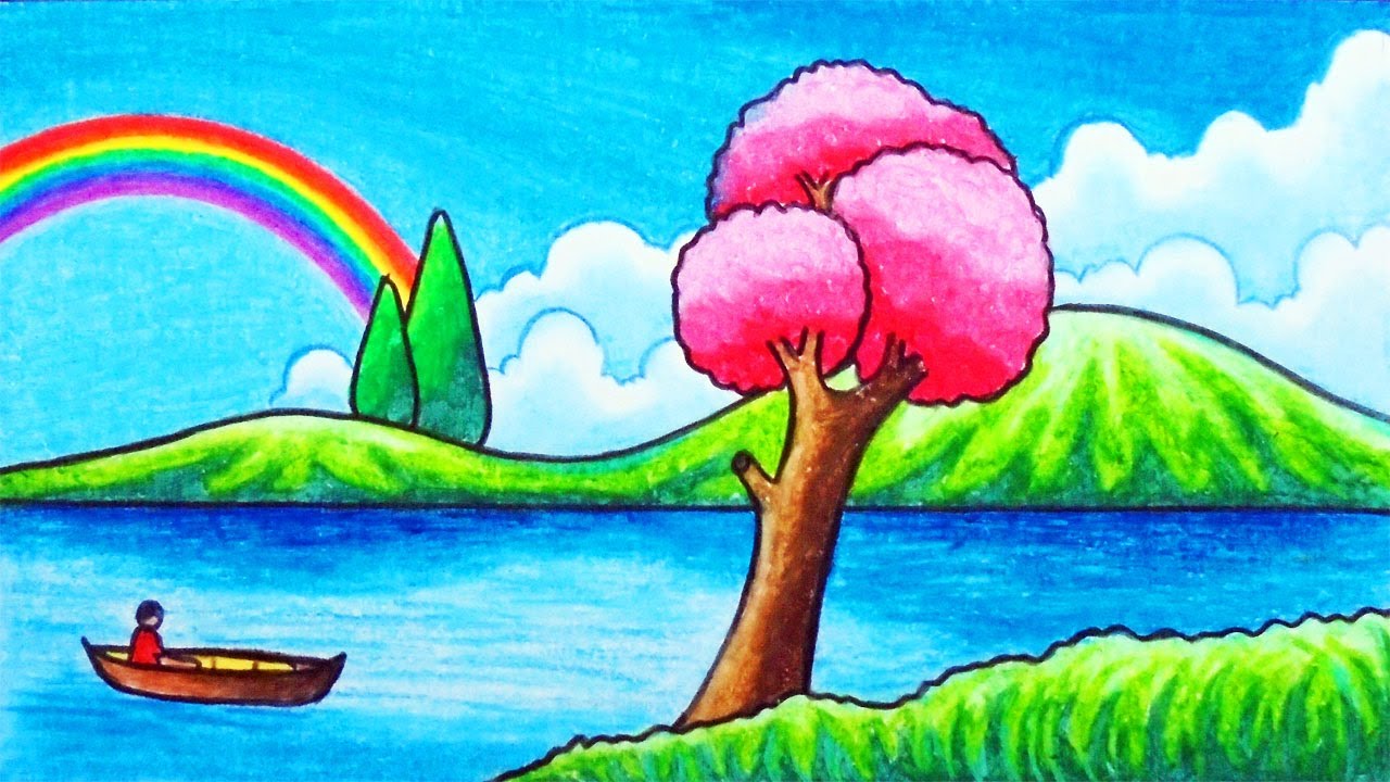 How to Draw Easy Rainbow Scenery | Drawing Scenery of River and ...