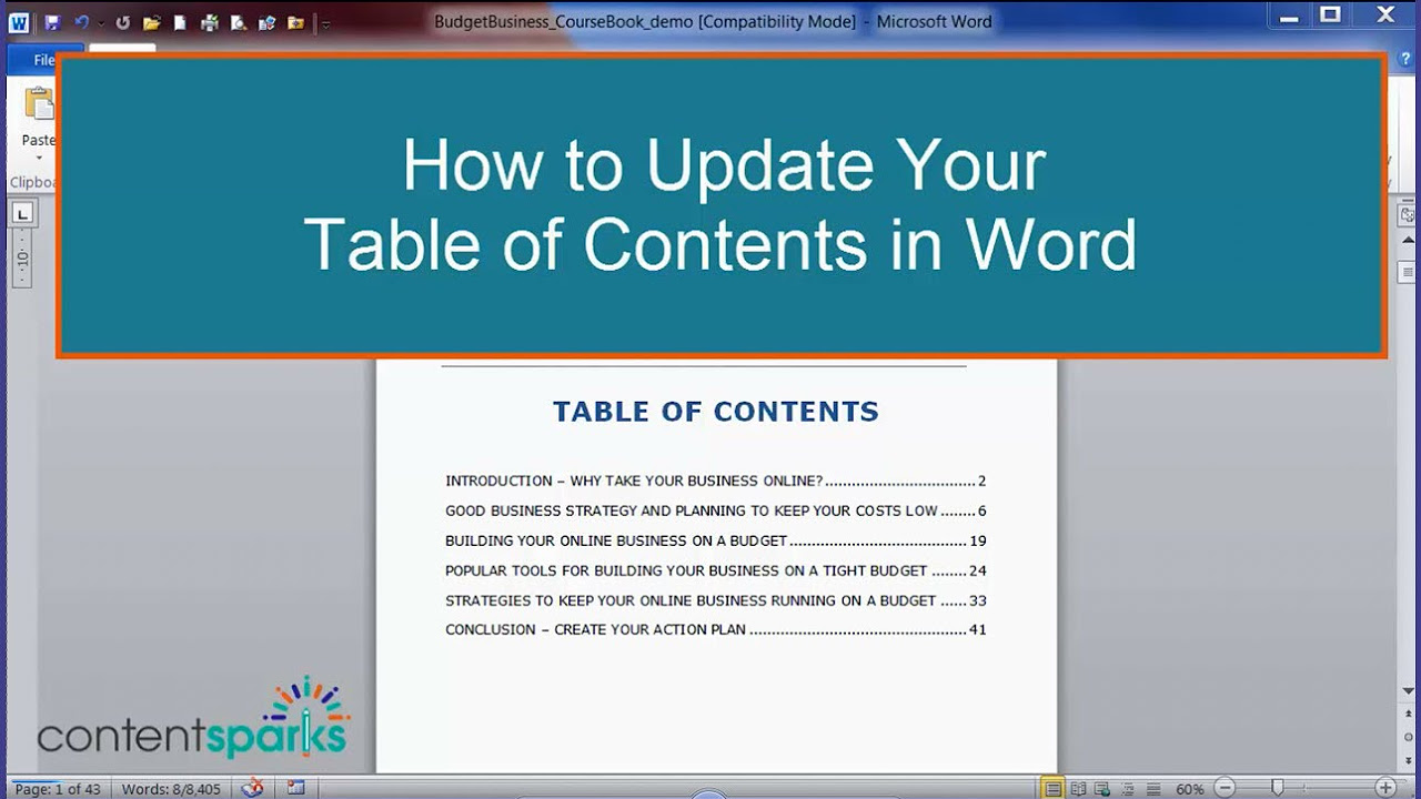 microsoft word how to update table of contents