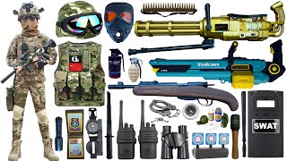Special police weapon toy set unboxing, Gatling machine gun assembly, AWM sniper gun, Glock pistol