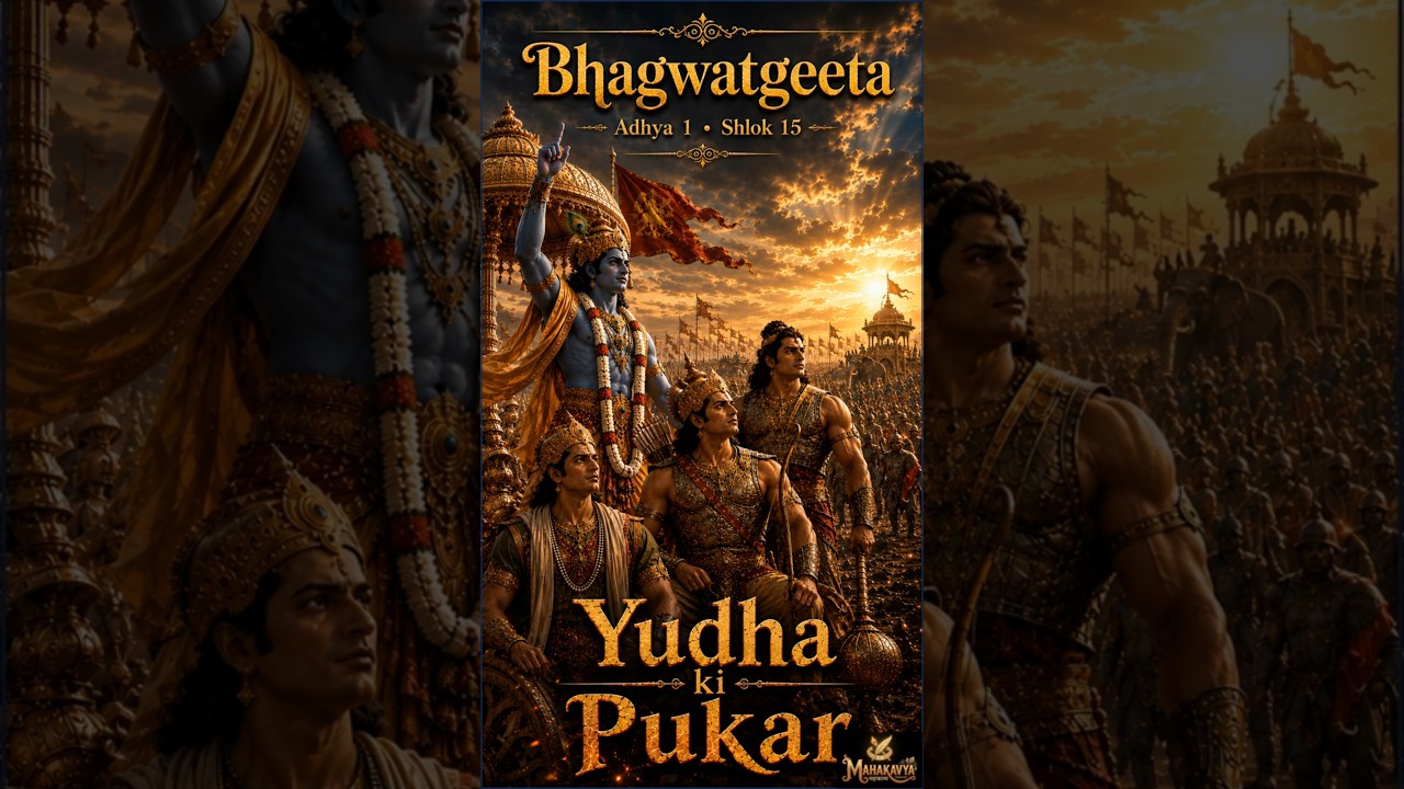 1.15 भगवद गीता श्लोक 1.15 | श्रीकृष्ण, अर्जुन और भीम का शक्तिशाली शंखनाद