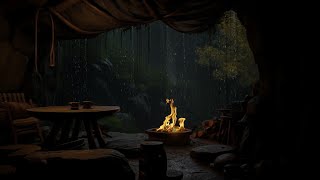 Hiding from Rain and Thunderstorm in Cave Fireplace Sounds for 12 hours,Sleep, Study, Relax