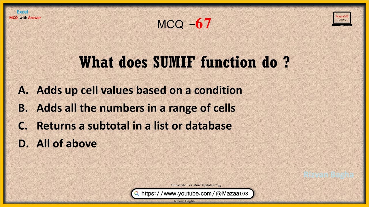 What does SUMIF function do , Excel MCQ 67 , Most Important MCQ 67