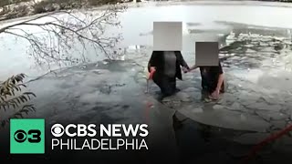 Kids rescued after falling into frozen lake in Mount Holly, New Jersey