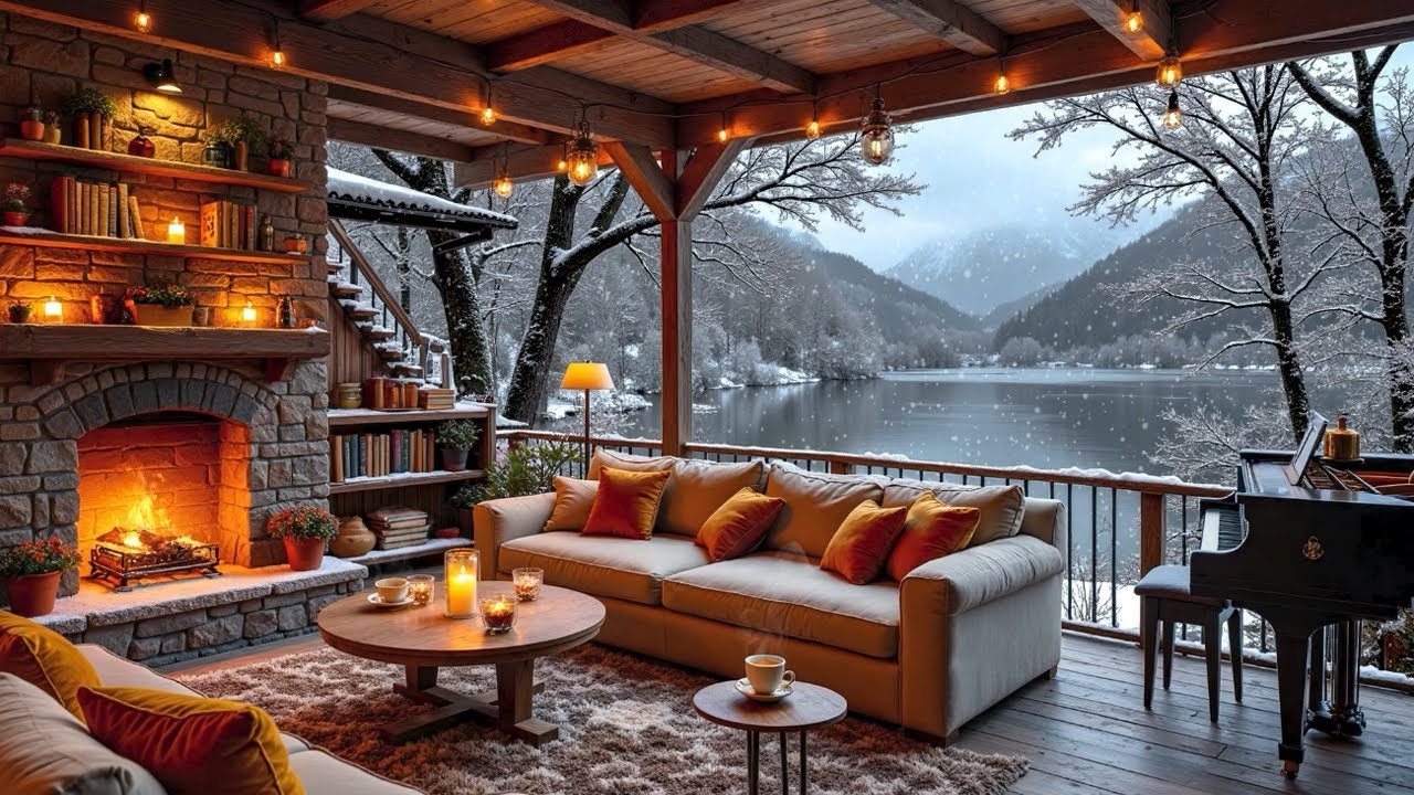 Cold Jazz Music ❄️ Cozy Wood Porch with Chill Jazz & Fireplace Crackling Ambience for Studying