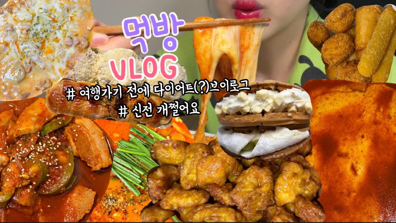 먹방브이로그) 다이어트를 시작하고 음식 메뉴를 4시간동안 고민함🤔 (￼허니콤보 항정살 짜글이 신전떡볶이 국밥먹방 와플대학 청포도요거트모찌와플/봉브레드 마늘마게트/두찜 트러플찜닭