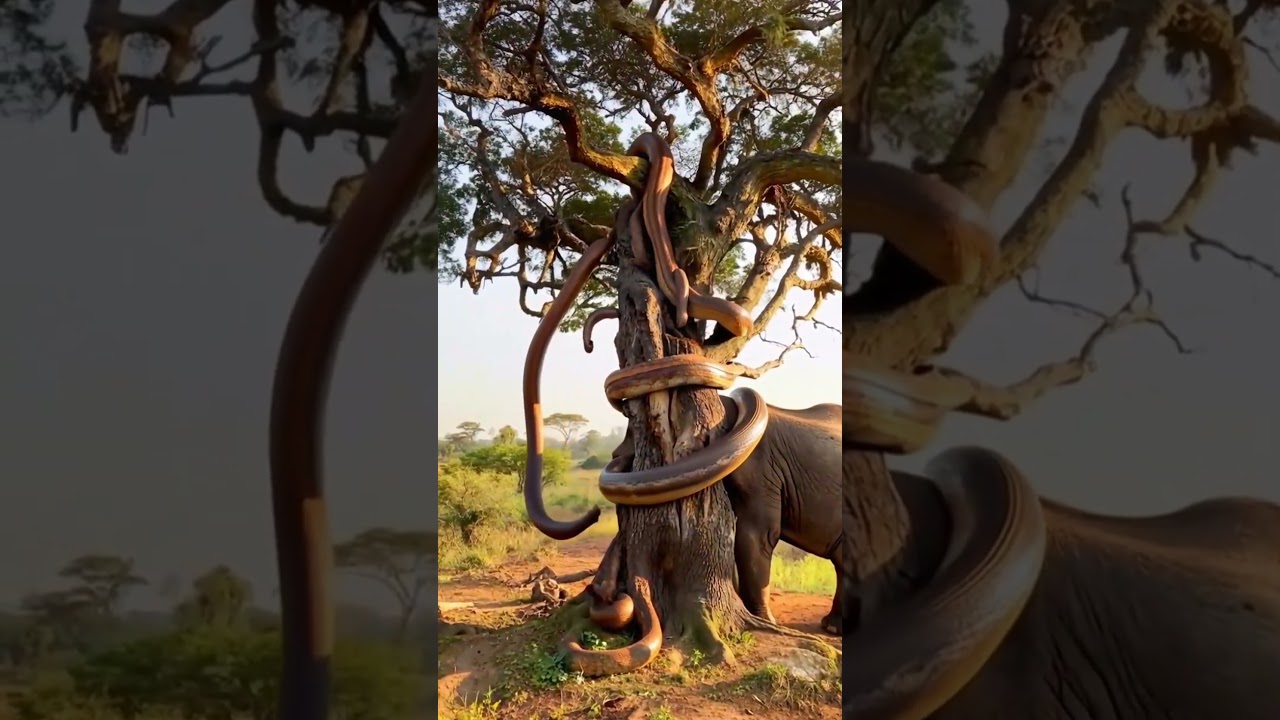 "Multiple Pythons Wrapped Around Tree, Elephant’s Trunk Trapped! 🐘🐍🌳😱 