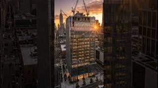 Fully completed modern skyscraper dominating the city skyline, flawless reflective glass facade