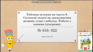 Таблиця ділення на число 9.  Складені задачі на знаходження різниці, суми і добутку  Робота з даними