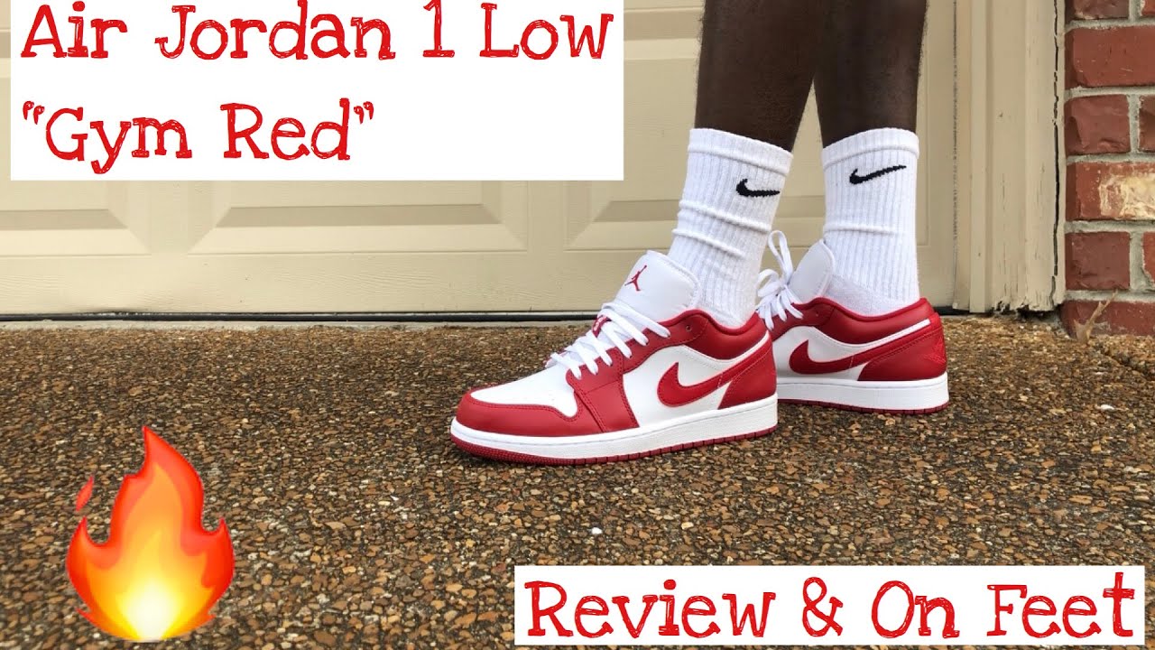 jordan 1 low gym red white on feet