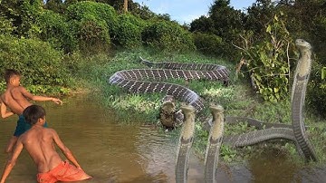 Wow! Amazing Children Catch A Big Snake - How To Catch Snake In Cambodia
