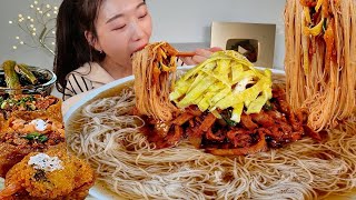 ASMR Kimchi Fish cake Anchovy Broth Noodles with Fried Tofu Rice Balls with toppings MUKBANG