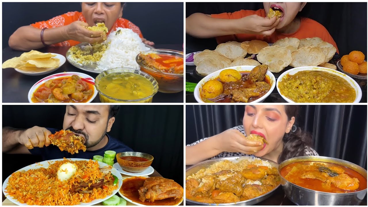 Asmr🔥Eating Zafrani Mutton Dum Biryani, Chicken Kosha, Chingri Kalia, Chanar Dal, with Rice & Luchi😋