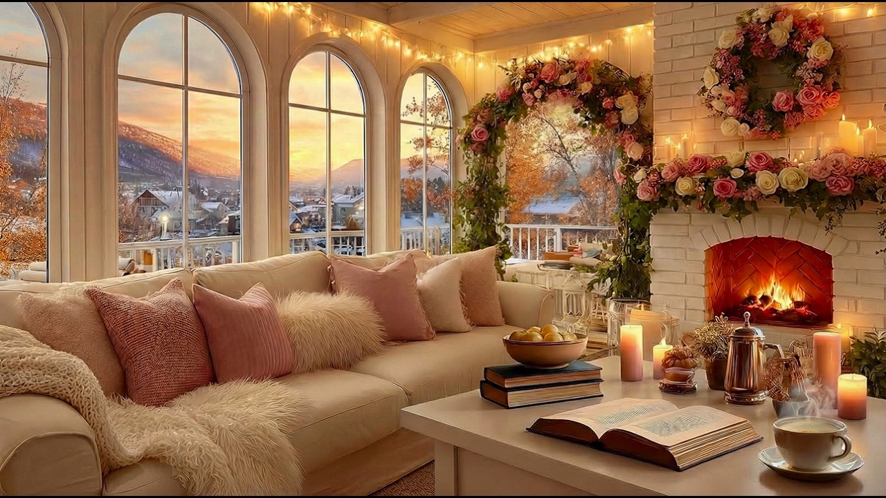 Snowy Cafe Ambience ☕ Soft Jazz Piano, Warm Fireplace & Study Ambience