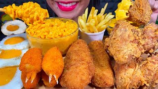 ASMR CHEESY SPICY NOODLES, FISH & CHIPS, FRIED CHICKEN, FRIED CRAB CLAW, EGGS MASSIVE Eating Sounds