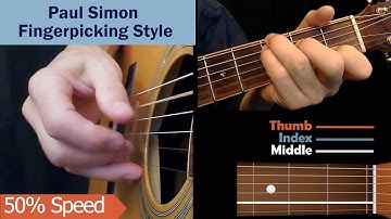 Paul Simon "The Boxer" style easy fingerpicking guitar lesson pattern illustrated.